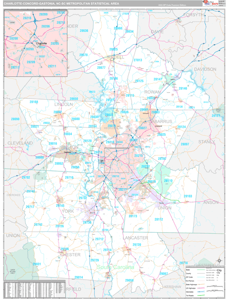 Charlotte-Concord-Gastonia, NC Metro Area Wall Map